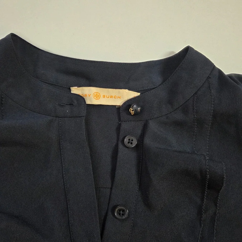 Tory Burch Navy Blue Ruffle Front Drop Waist Shirt Dress Size 2 Logo Buttons